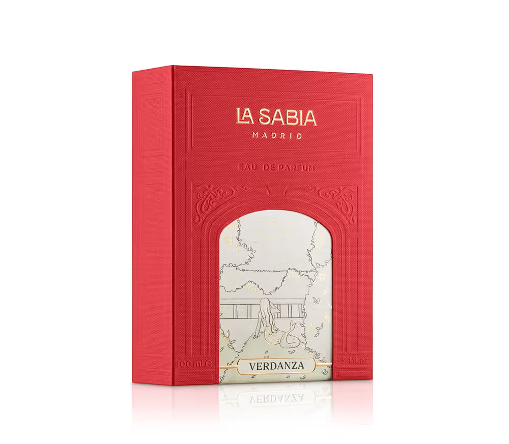 Red perfume box with 'La Sabia' branding on a white background