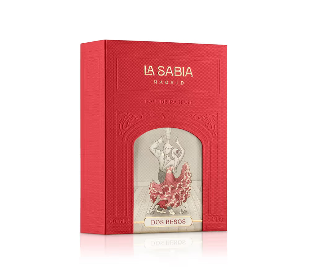 Red perfume box with artistic design and 'La Sabia' branding on a white background