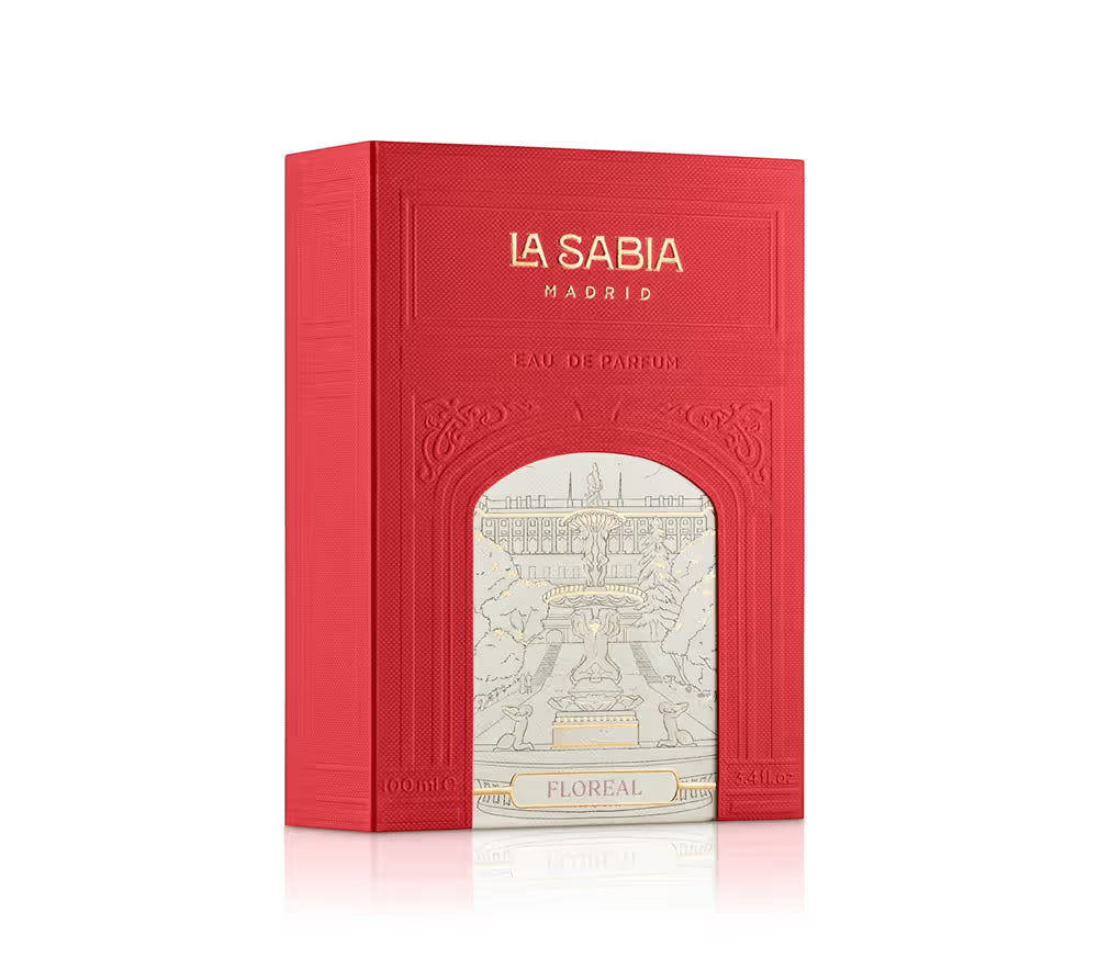 Red box of La Sabia Eau de Parfum on a white background