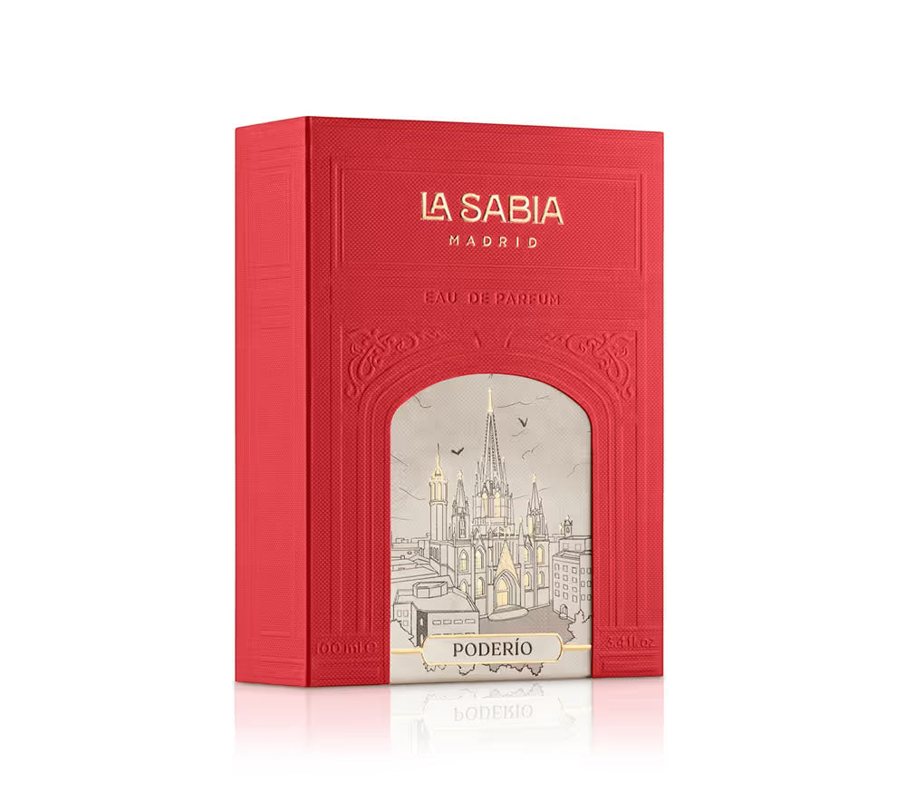 Red box with 'La Sabia Madrid' branding and a cityscape illustration on a white background
