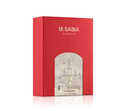 Red box with 'La Sabia Madrid' branding and a cityscape illustration on a white background